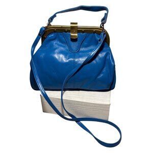 Vera Pelle Purse Italian Blue Leather Frame Bag Brass Hardware Strap Vtg READ